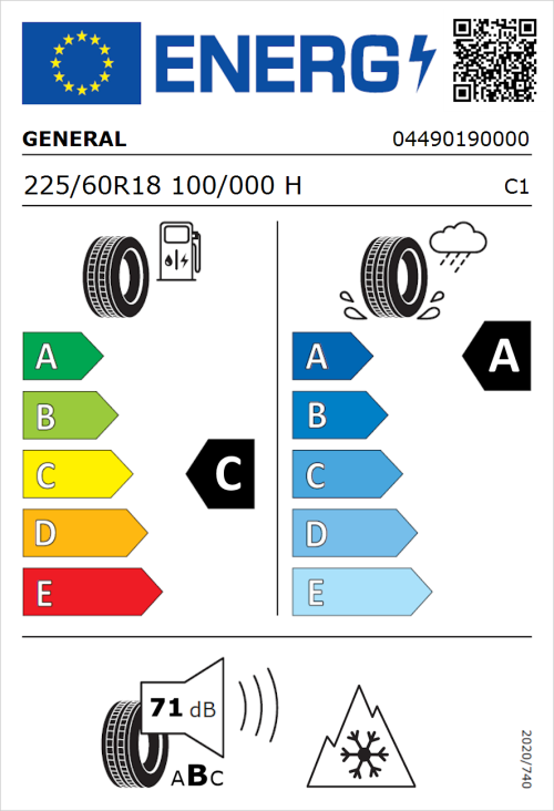 Tyre Label for General Grabber GT Plus 225/60R18 100/000H