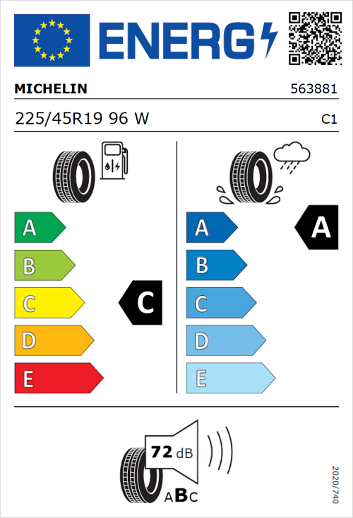 Tyre Label for Michelin Primacy 4+ 225/45R19 96W