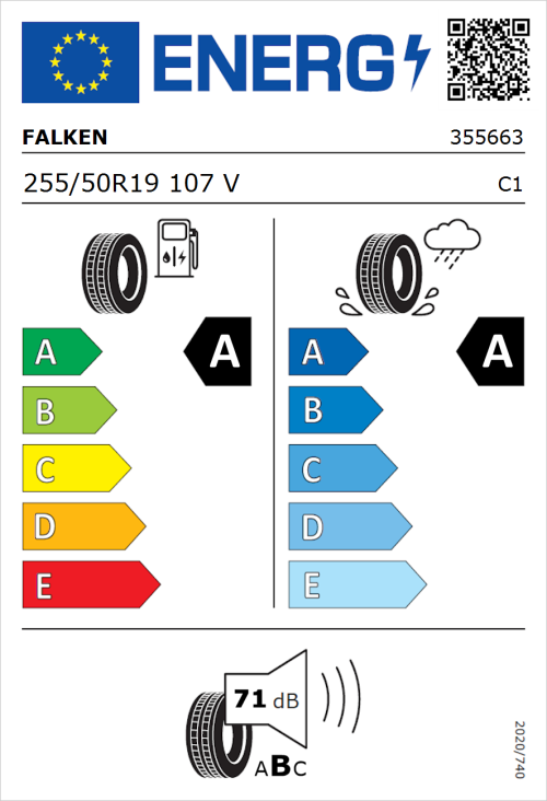 Tyre Label for Falken E.Ziex 255/50R19 107V