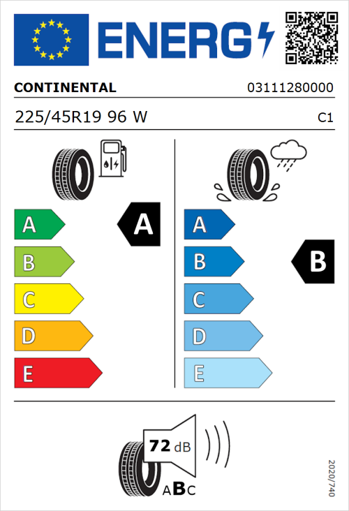 Tyre Label for Continental EcoContact 6 225/45R19 96W