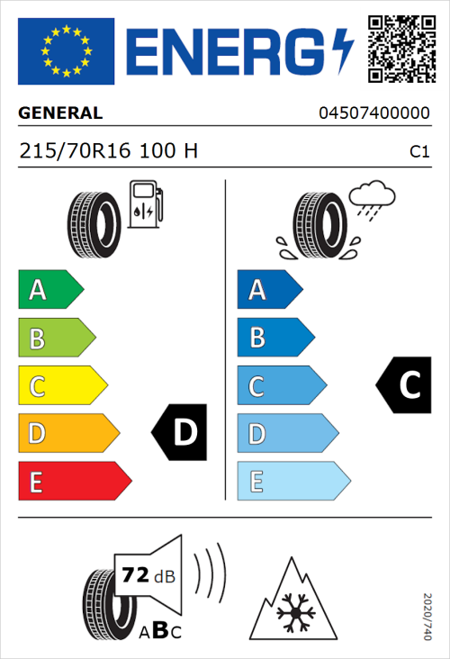 Tyre Label for General Snow Grabber Plus 215/70R16 100H